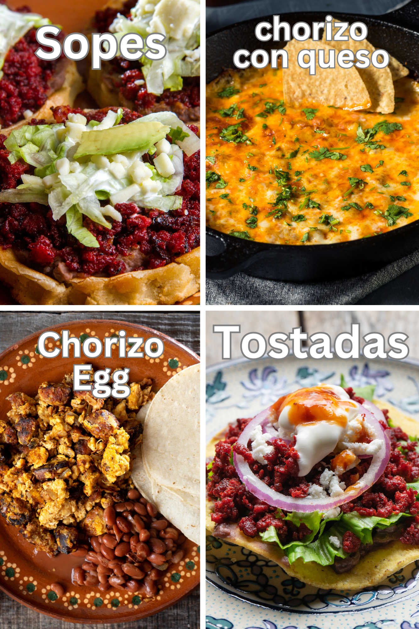 Various dishes featuring chorizo, including sopes, chorizo con queso, and tostadas. Discover new ways on how to cook chorizo and enjoy its bold flavors.
