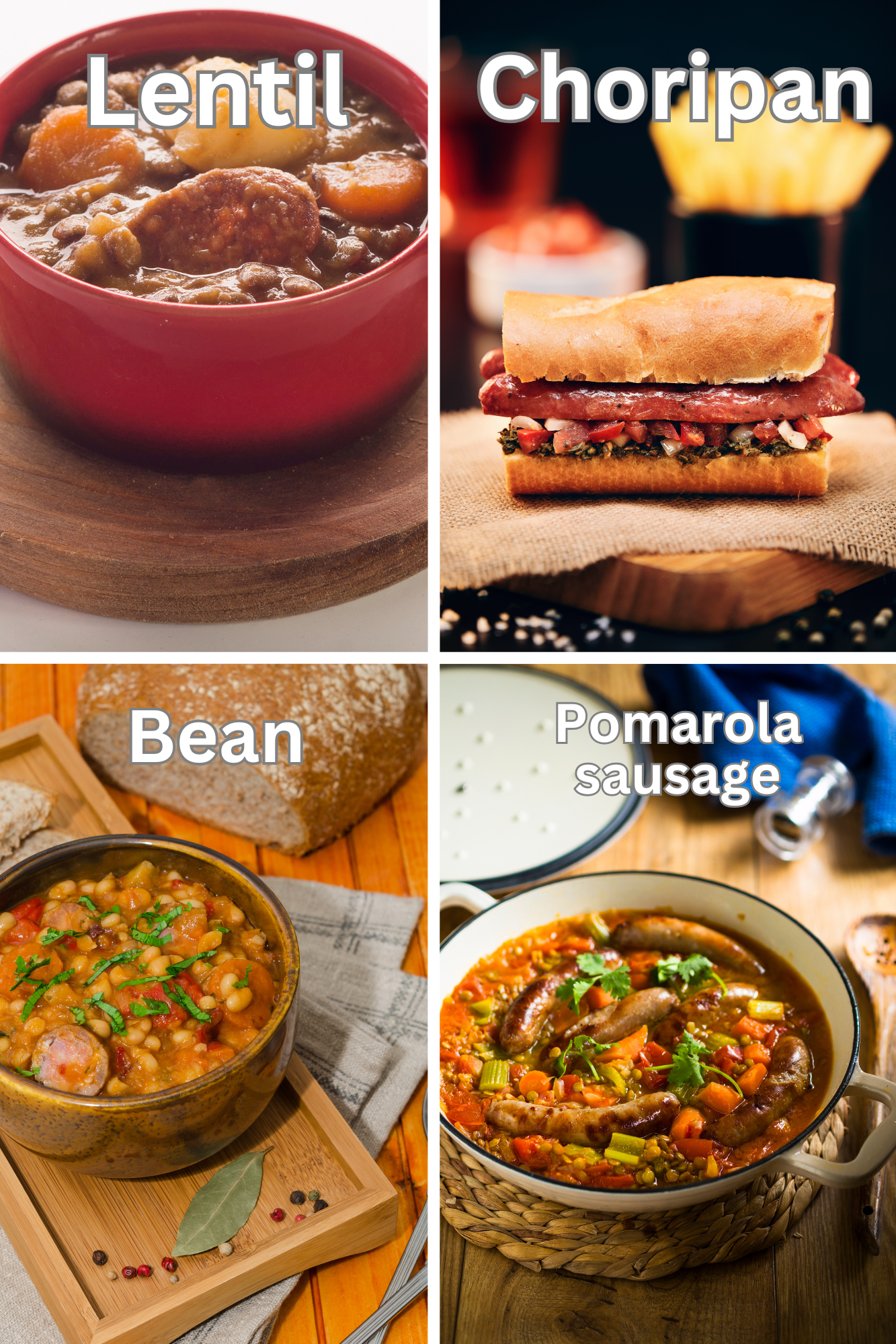 A collection of hearty meals made with Spanish chorizo, including lentils, beans, and choripan, showcasing diverse ways how to cook chorizo in traditional dishes.