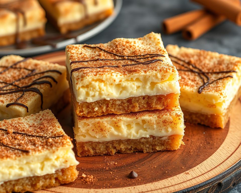 Layered churro cheesecake bars stacked high, topped with decorative chocolate drizzle and a sprinkle of cinnamon sugar. An irresistible dessert with a creamy texture and crispy finish