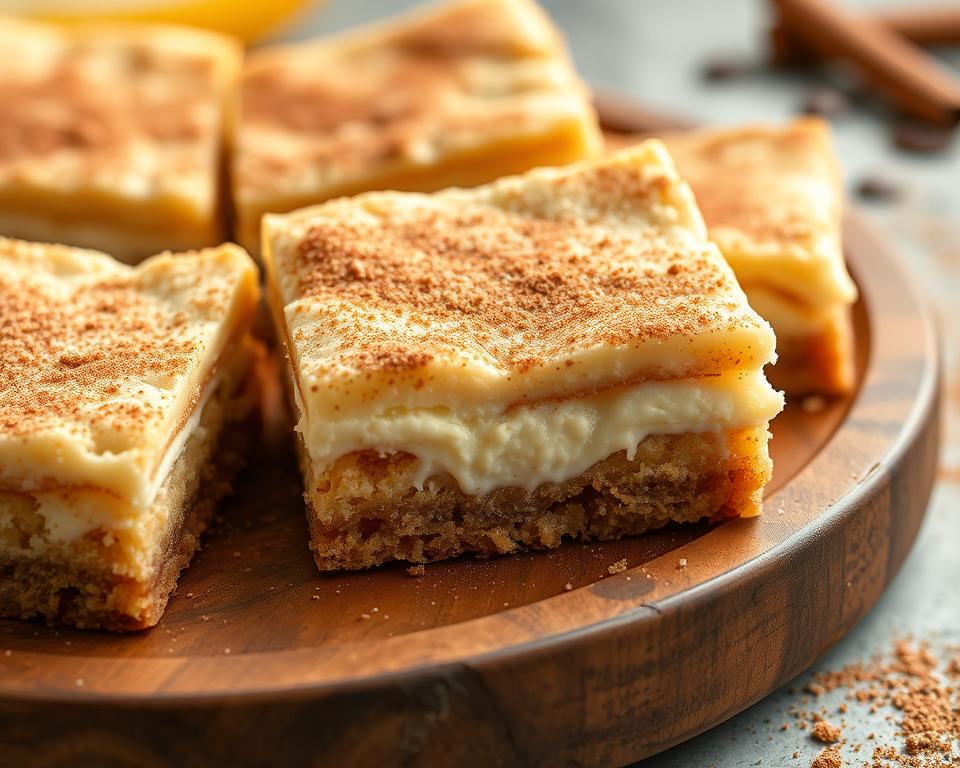 Side view of churro cheesecake bars showcasing their creamy cheesecake layer and flaky pastry base. The cinnamon sugar topping adds a sweet and aromatic finish.