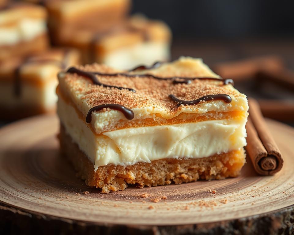 Individual churro cheesecake bars drizzled with chocolate, ready to serve. This dessert blends the elegance of cheesecake with the classic flavor of churros.