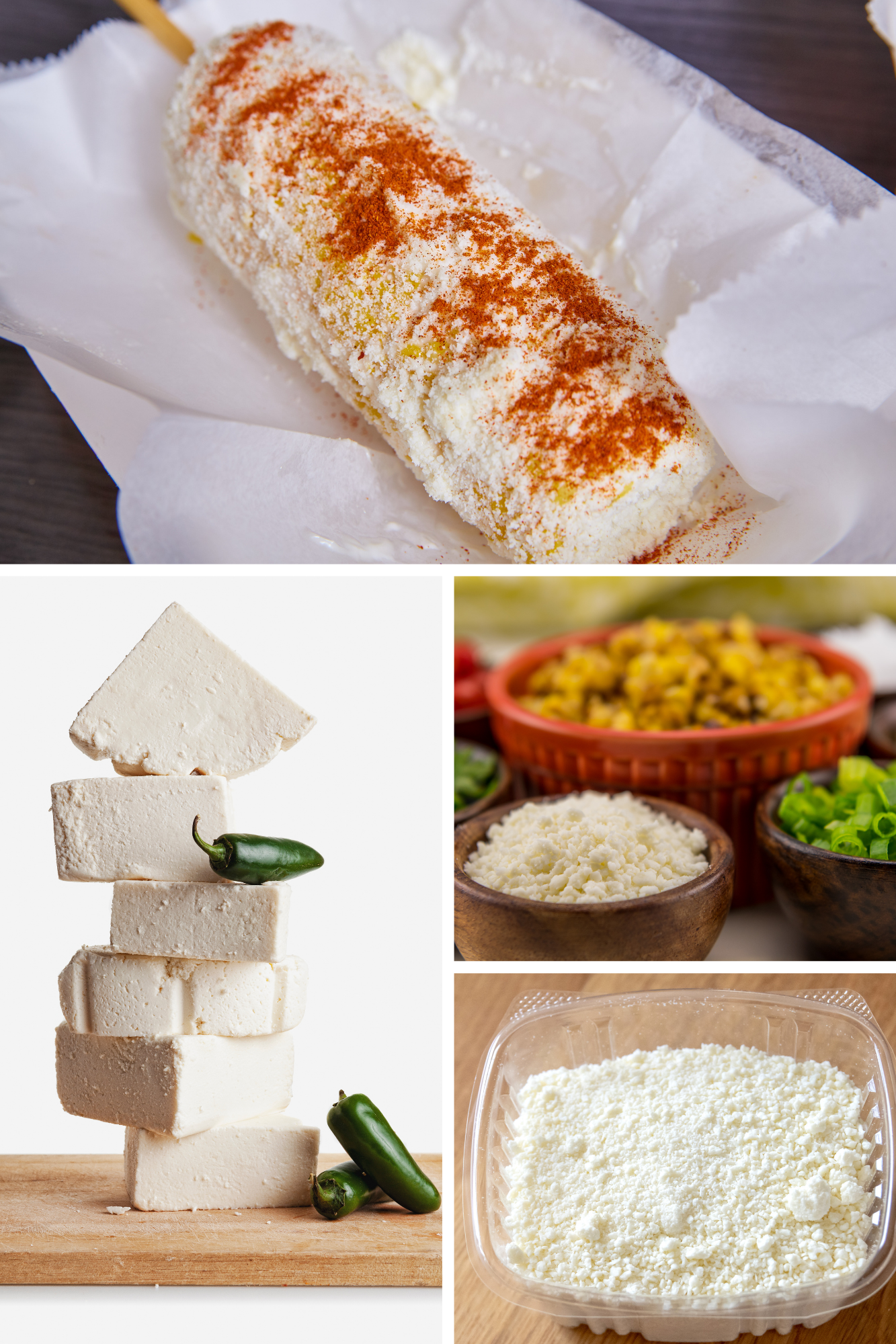A collage of four images showcasing cojita cheese in various dishes, illustrating what is cotija cheese, suggesting a cotija cheese substitute option, and highlighting the distinct flavor of cotija cheese across different preparations.