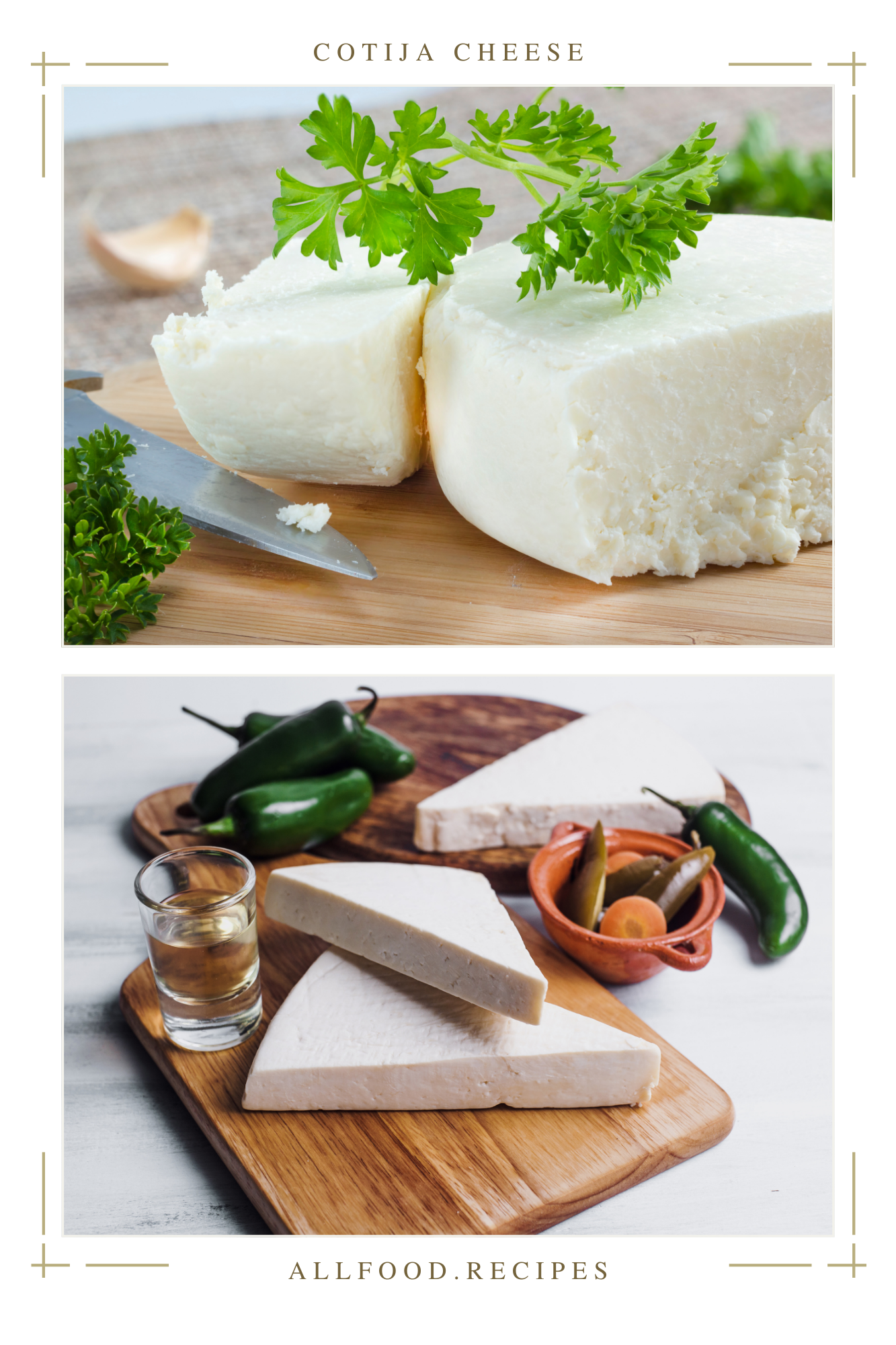 Two pictures featuring blocks and crumbles of cotija cheese, addressing what is cotija cheese and offering a look at cojita cheese as well as ideas for a cotija cheese substitute in meals