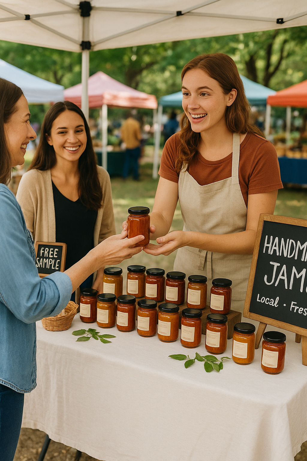 Woman offering a jar of handmade jam at a farmer’s market booth, engaging with smiling customers and displaying product signage.