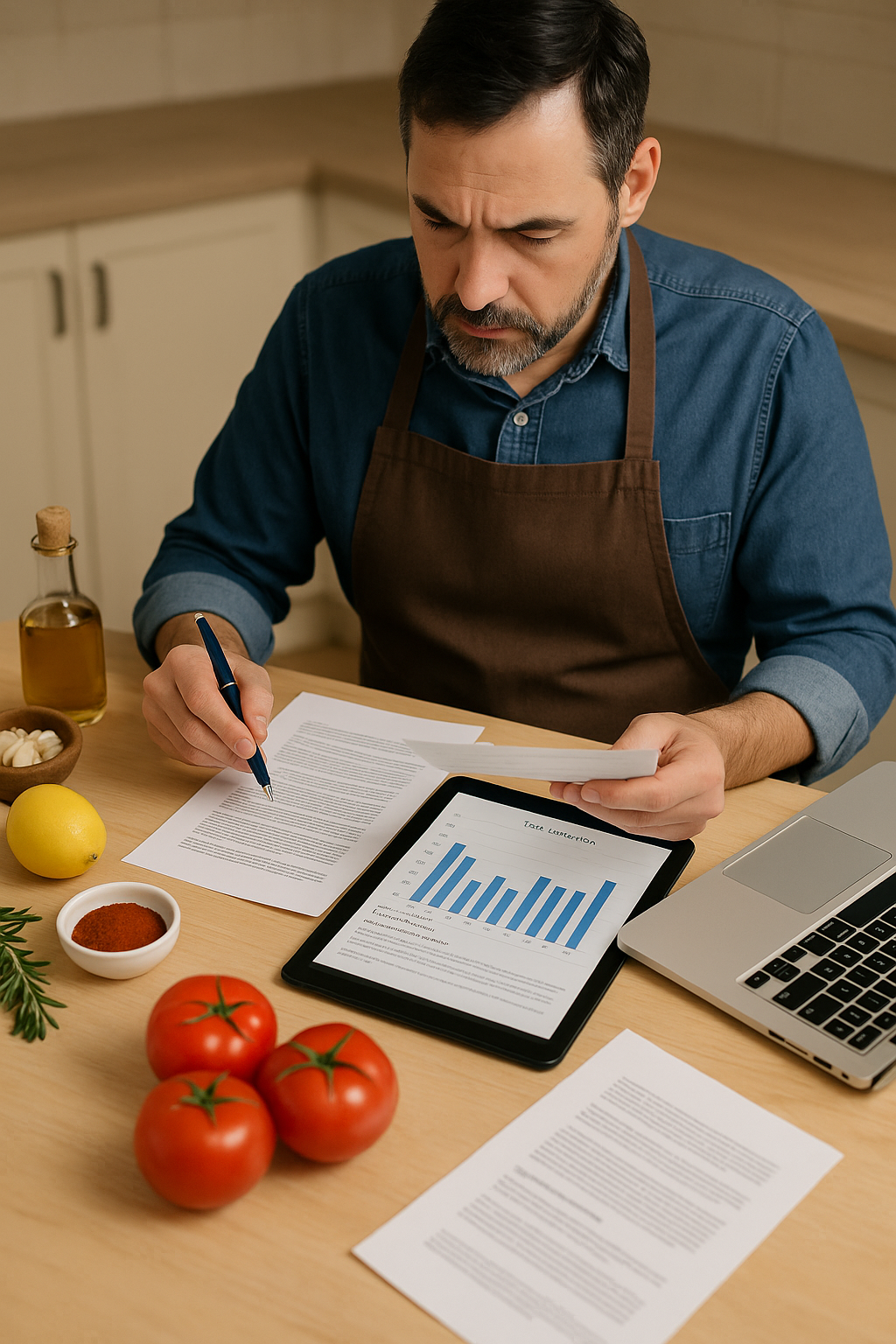 Home chef calculating craft food business expenses with documents and tablet, surrounded by ingredients on kitchen counter