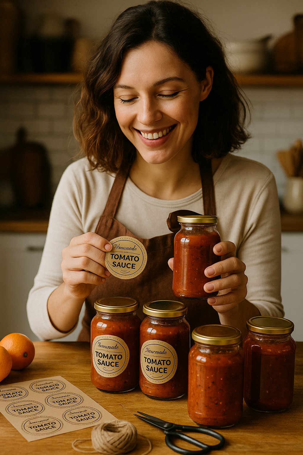 Smiling woman labeling jars of homemade tomato sauce in a cozy kitchen, starting her craft food business from home.