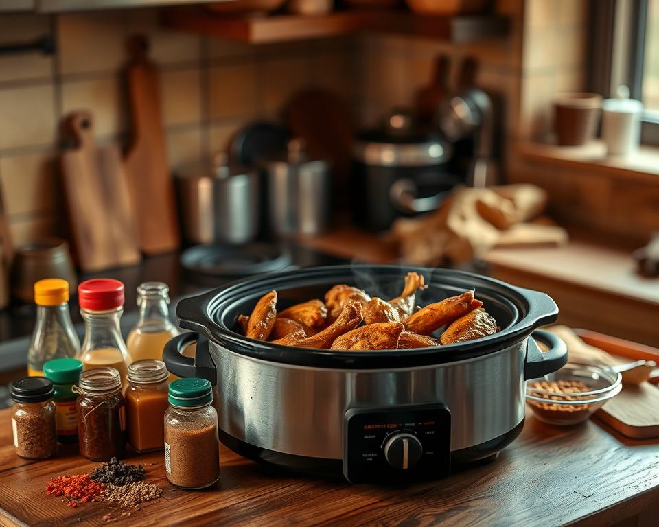 Crockpot chicken wings cooking in a slow cooker with spices and sauces on the side, perfect for game day recipes. Crockpot Chicken Wings 3 Ways + Video