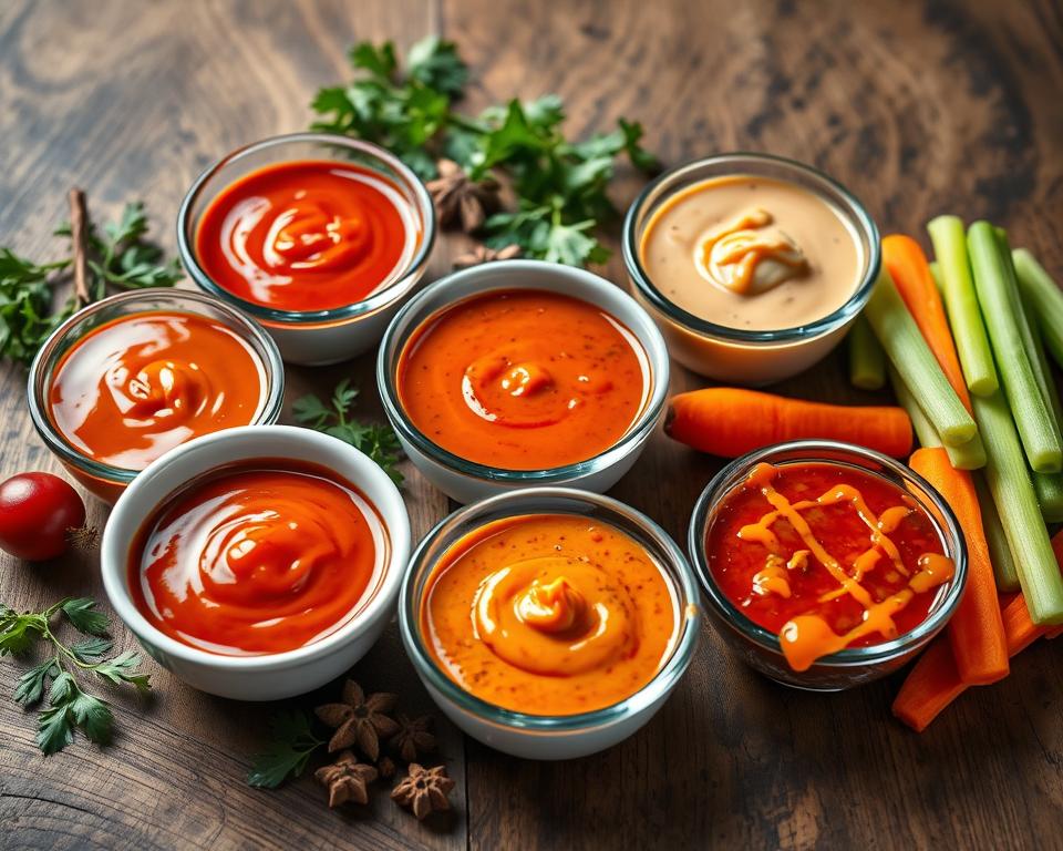 Assorted dipping sauces for chicken wings, including buffalo, barbecue, and honey mustard, with celery and carrots.