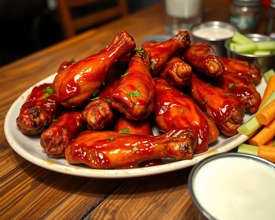 Barbecue chicken wings served on a white plate with celery sticks and ranch dressing, ideal for a party appetizer.