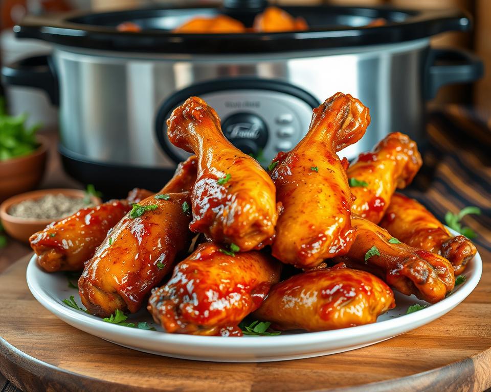 Juicy crockpot chicken wings served with barbecue sauce, displayed next to a slow cooker for a delicious meal.