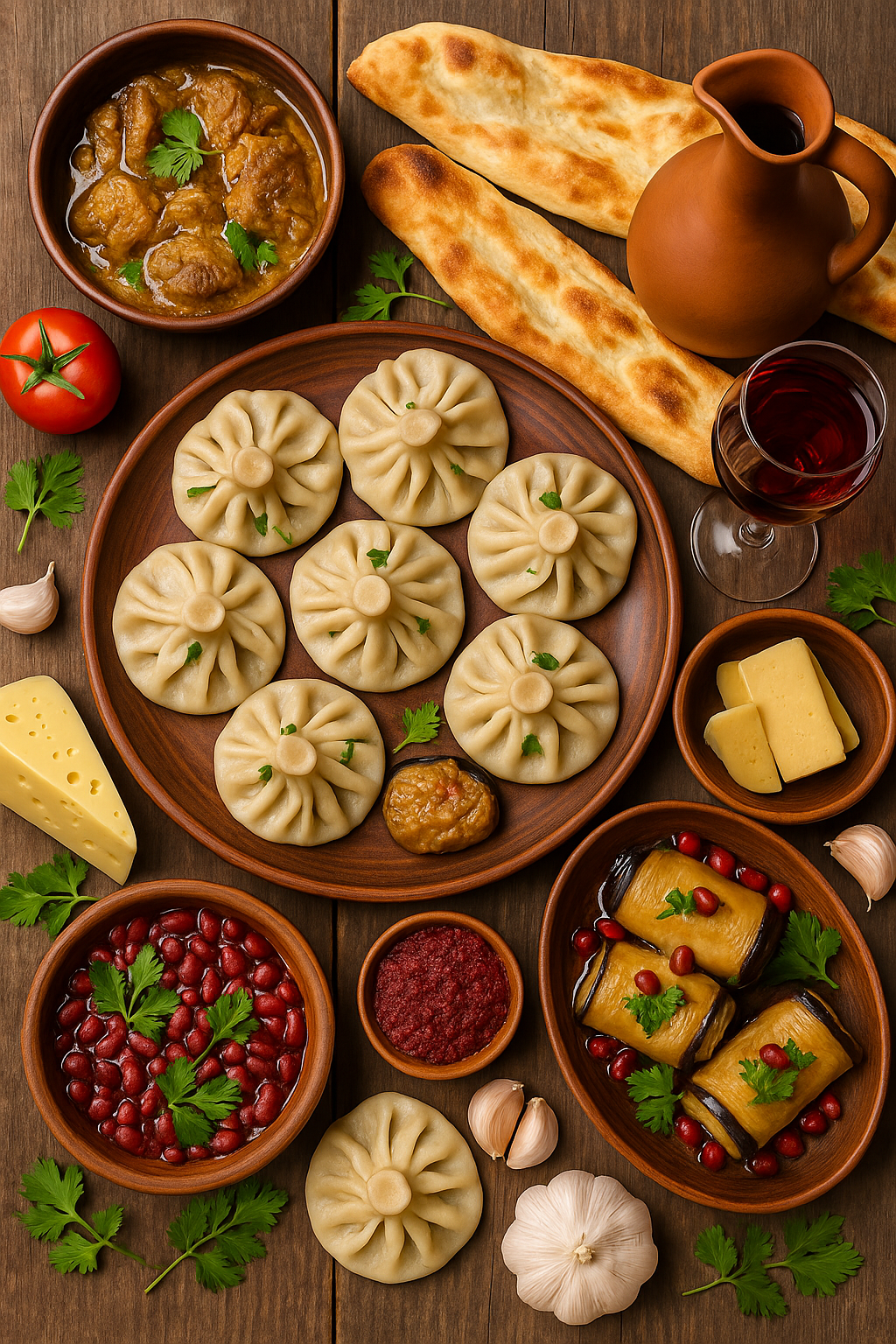 Overhead view of a traditional Georgian feast featuring khinkali dumplings, badrijani with walnuts, lobio beans, shoti bread, cheese, and qvevri wine on a rustic wooden table.