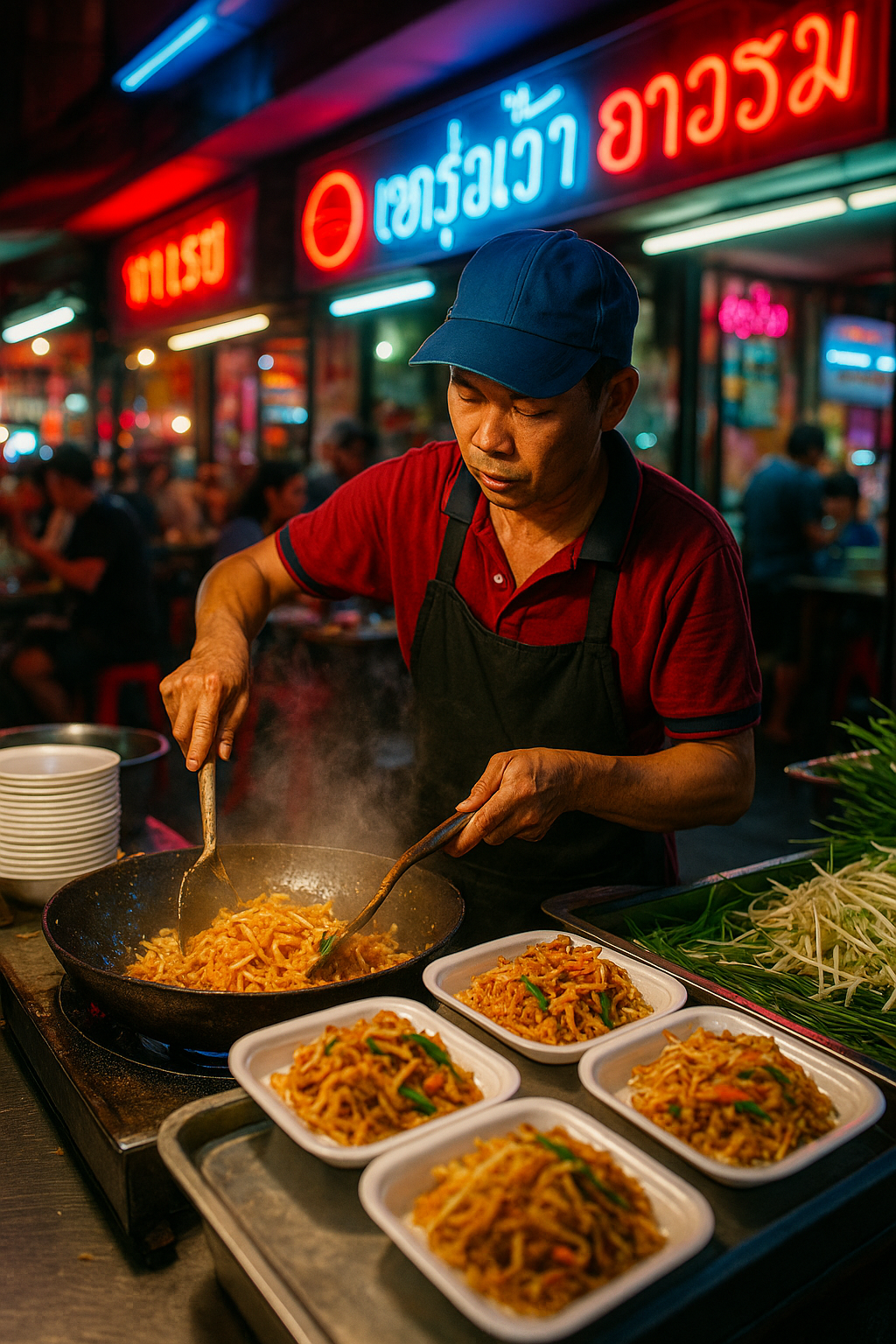 Street food vendor in Bangkok preparing pad thai under neon lights at a busy night market.