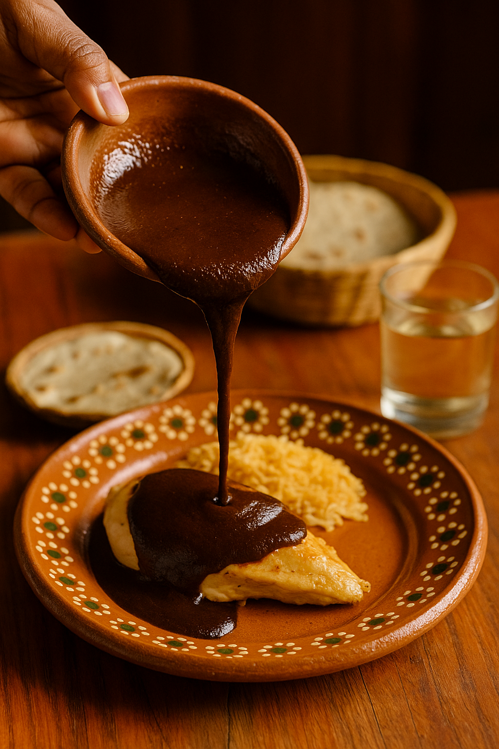 Traditional Oaxacan mole poured onto a plate, served with handmade tortillas and a glass of mezcal.