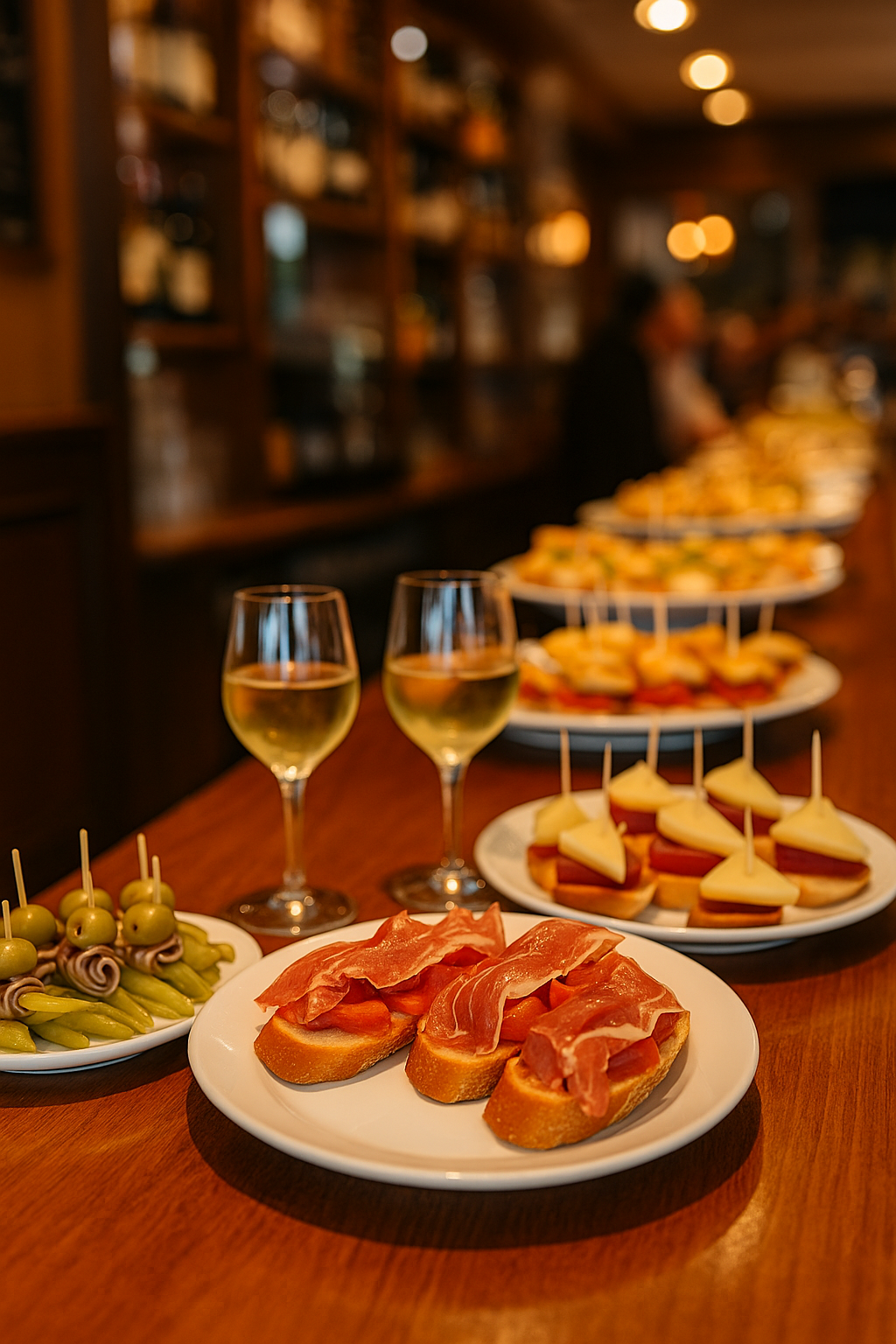 Colorful pintxos lined up at a bar in San Sebastián, with glasses of txakoli wine nearby.