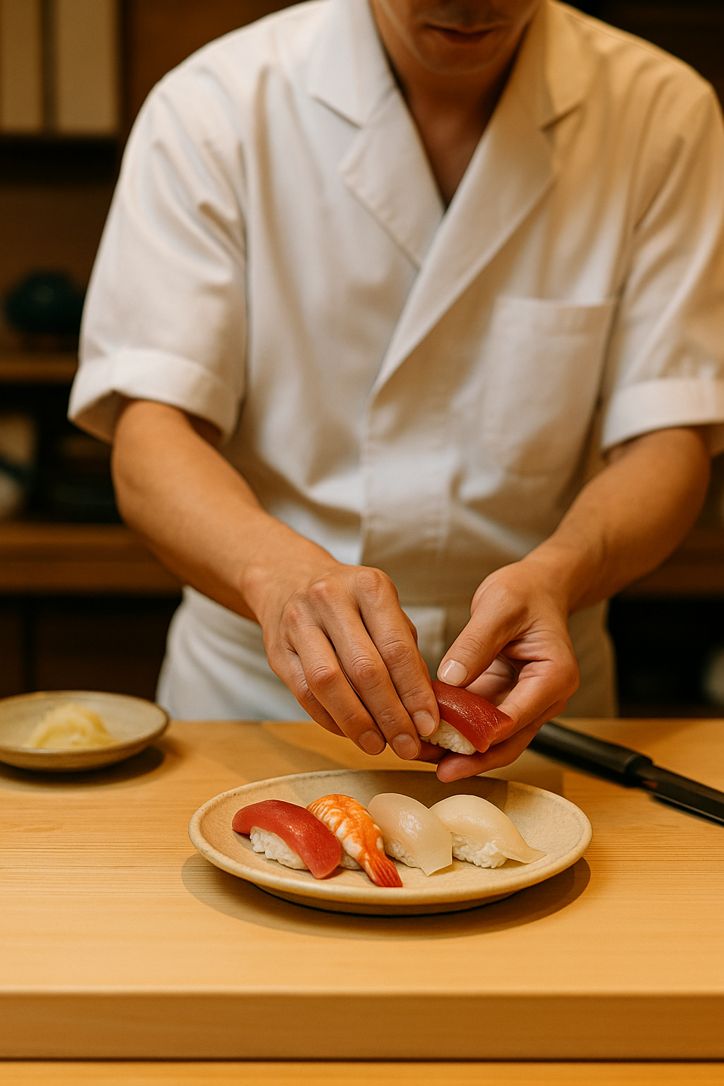 Japanese chef preparing sushi nigiri with precise technique in a Tokyo restaurant.
