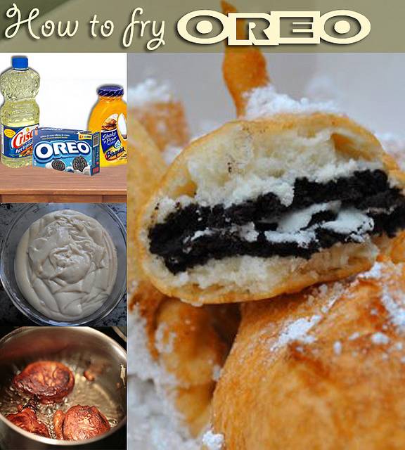 Ingredients and step-by-step process to prepare a crispy and sweet Oreo dessert, from the batter to the golden finish.