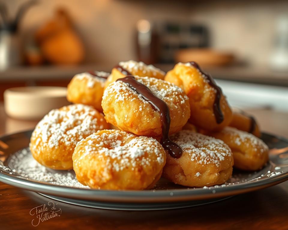 Easy Deep Fried Oreos Recipe: Irresistible Fried Oreos Delight 12 A plate of perfectly golden fried Oreos, lightly dusted with powdered sugar and topped with a drizzle of rich chocolate, creating a warm and indulgent dessert perfect for any occasion.