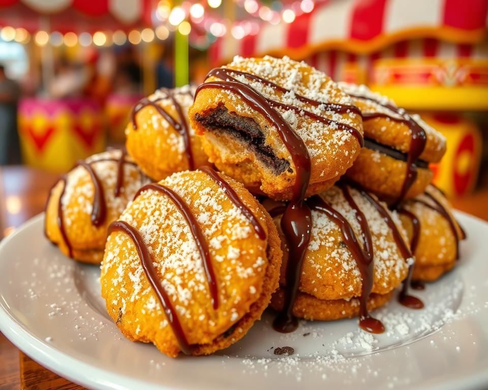 A delicious plate of fried Oreos topped with powdered sugar and drizzled with chocolate, perfect for enjoying at home.
