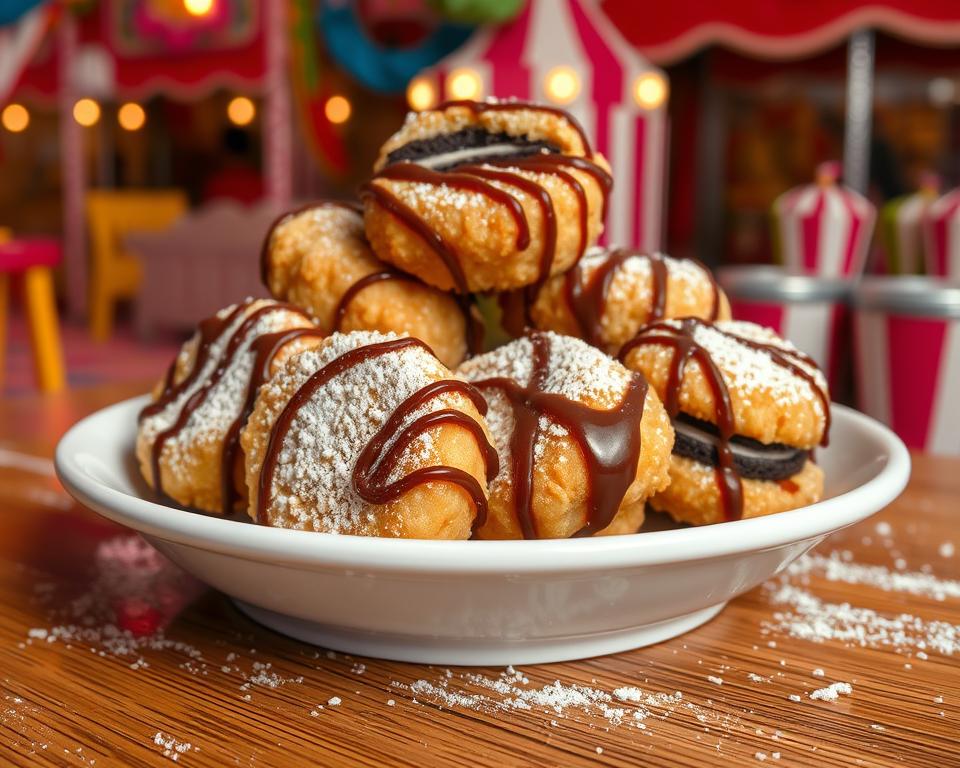 A festive plate of fried Oreos topped with powdered sugar and chocolate drizzle, bringing fair-inspired fun to your table.