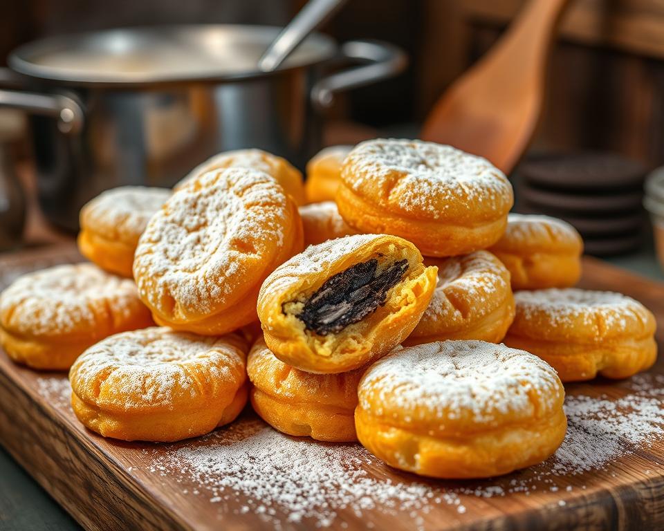 A wooden board showcasing perfectly golden fried Oreos with a creamy filling revealed inside.