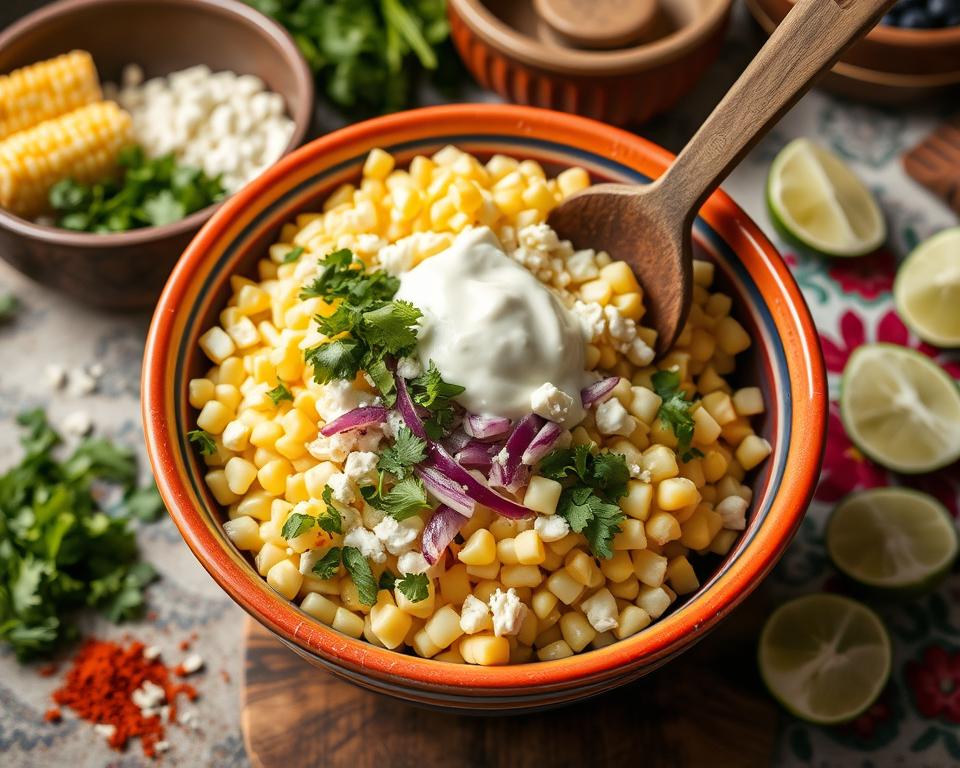 A colorful bowl of Mexican street corn salad (esquites) topped with creamy dressing, red onions, cilantro, and crumbled cheese, surrounded by fresh limes and vibrant garnishes.