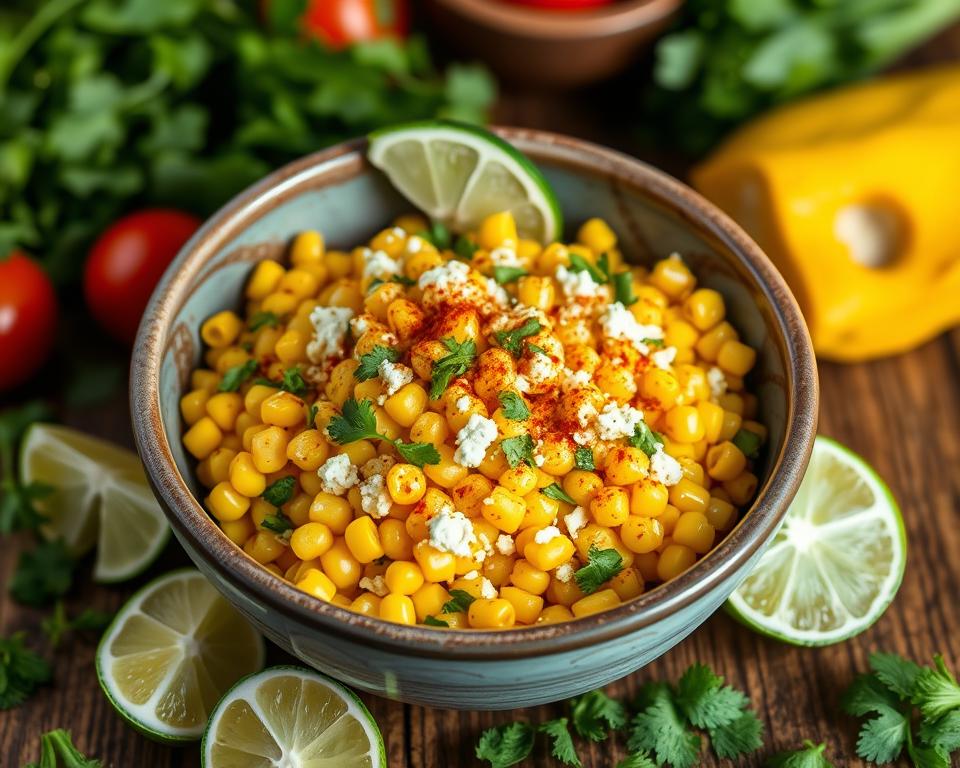 A vibrant bowl of corn salad garnished with crumbled cheese, chili powder, fresh cilantro, and lime wedges, surrounded by colorful vegetables and herbs