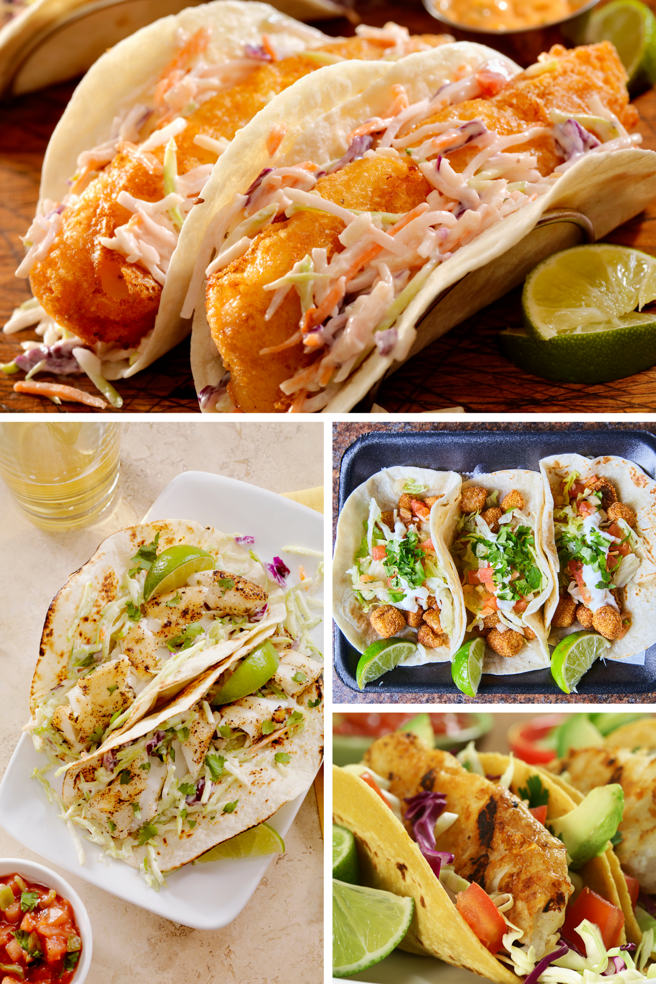 Collage showcasing various fish taco preparations, featuring crunchy slaw, fresh salsa, and bright lime wedges—a nod to the del taco menu. These mouthwatering tacos can be adapted from a birria tacos recipe or tilapia recipes for a fun taco time experience. Fish Tacos