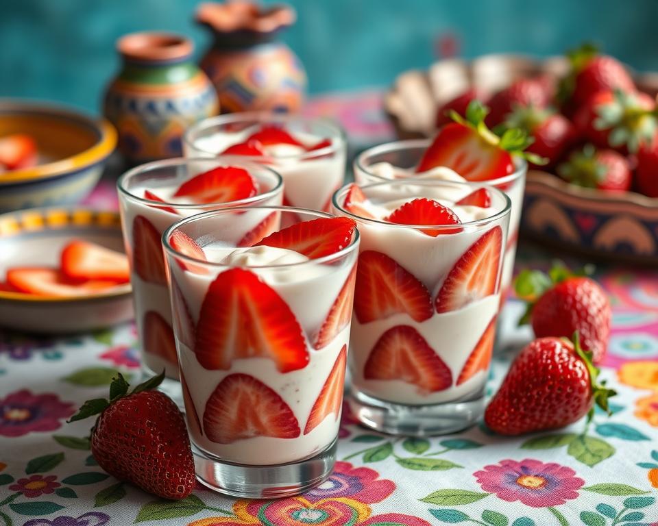 Discover the Delight of Fresas con Crema: Authentic Mexican Strawberries and Cream Dessert 12 Four glass cups of strawberries and cream on a colorful tablecloth, with traditional Mexican pottery in the background.