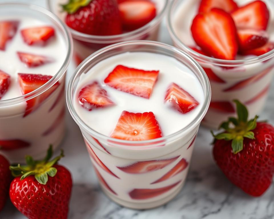 Cups of fresas con cremaarranged on a marble surface, with whole strawberries as garnish.