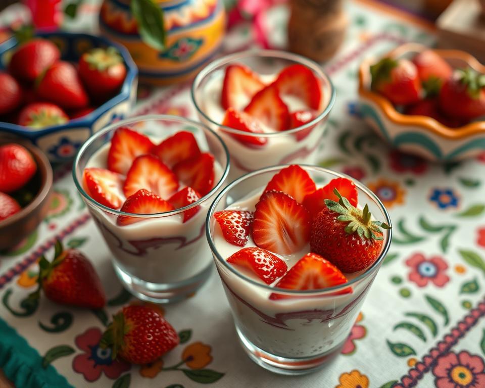 Three glass cups filled with Fresas con Crema, placed on a colorful floral tablecloth, with bowls of fresh strawberries and traditional pottery in the background.