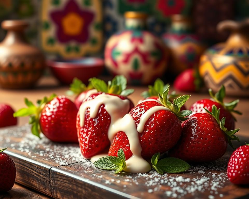 Fresh strawberries drizzled with cream, garnished with mint leaves, on a rustic wooden board with colorful pottery in the background.