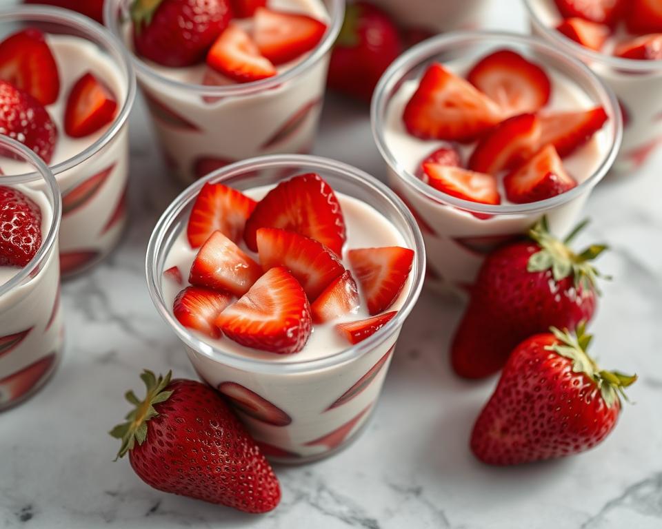 "Close-up of strawberries and cream in clear plastic cups, garnished with fresh strawberry pieces on a marble table.