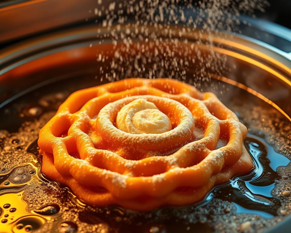 Golden funnel cake frying in hot oil, with powdered sugar delicately sprinkled on top, capturing the process of making this classic fairground dessert. Close-up shot highlighting the crispy texture and rich colors under warm lighting.