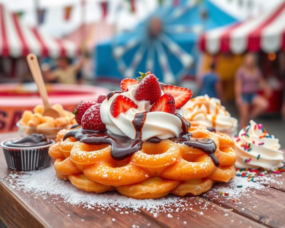 Funnel cake topped with whipped cream, fresh strawberries, chocolate syrup, and colorful sprinkles, served on a wooden table in a lively fair setting with red-and-white striped tents and blurred crowd in the background. Perfect carnival dessert for a sweet and festive experience.