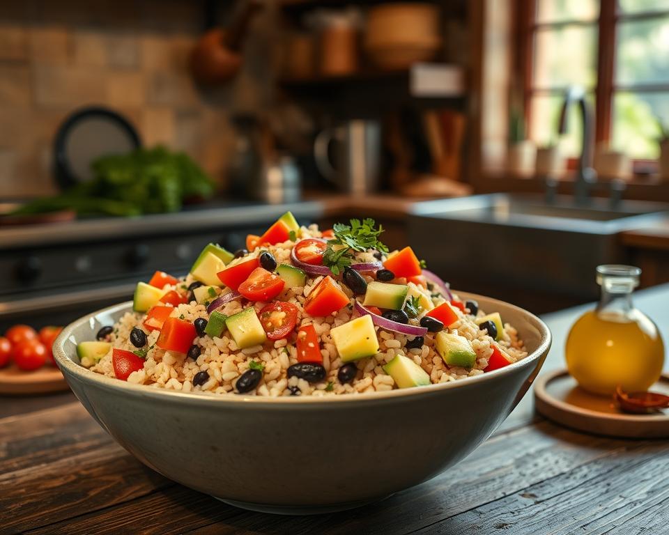 A large bowl of nixtamalized hominy salad mixed with black beans, diced tomatoes, cucumbers, and chopped red onion, set on a rustic kitchen counter. The vibrant colors highlight fresh, wholesome ingredients, creating a visually appealing, hearty dish.