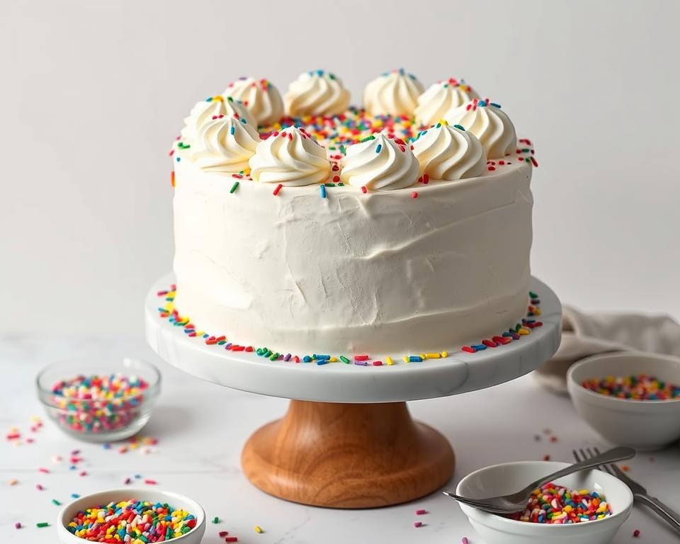 A whole celebratory dessert with whipped cream frosting, topped with piped swirls and colorful sprinkles. The cake sits elegantly on a marble stand with a wooden base, surrounded by small bowls of vibrant sprinkles on a neutral background