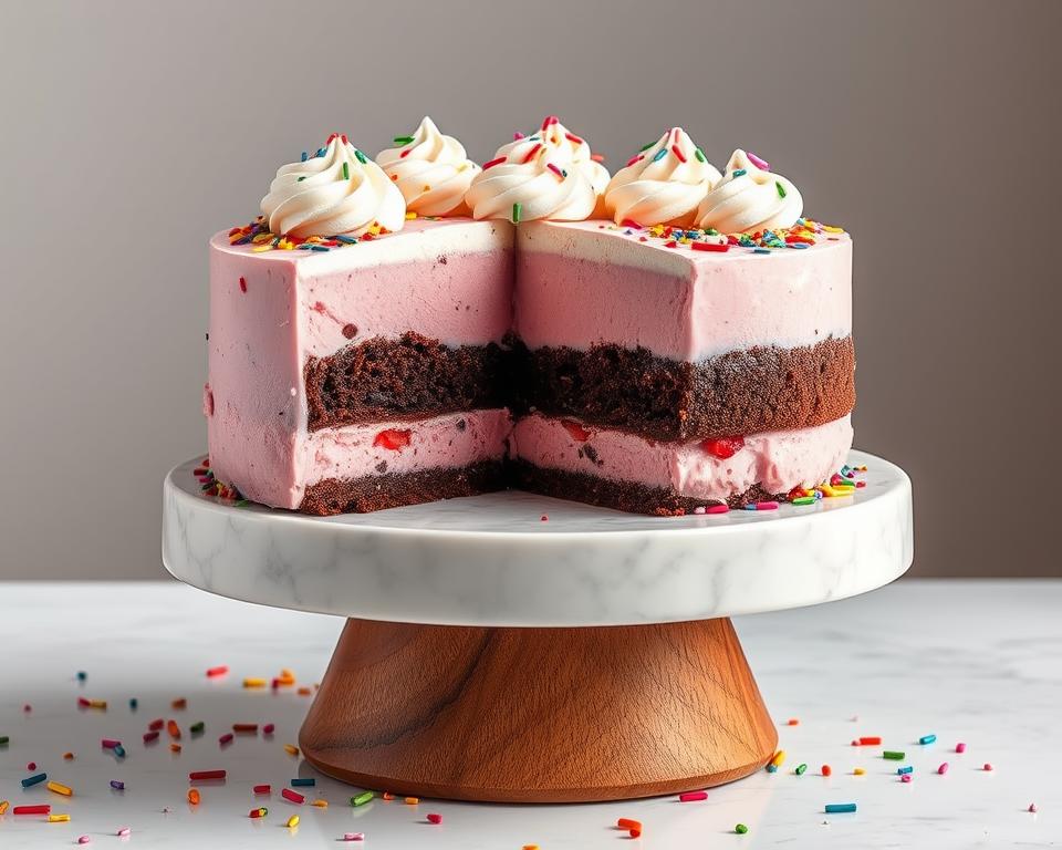 A partially sliced frozen cake displayed on a marble cake stand, showing chocolate sponge layers combined with pink strawberry ice cream and sprinkled with colorful candy toppings. The dessert is garnished with piped whipped cream swirls, creating a festive and inviting look.