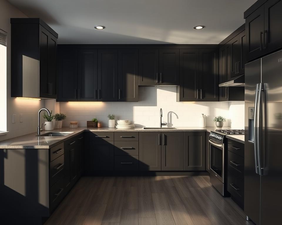 A stylish dark-colored kitchen with white backsplash and soft lighting.