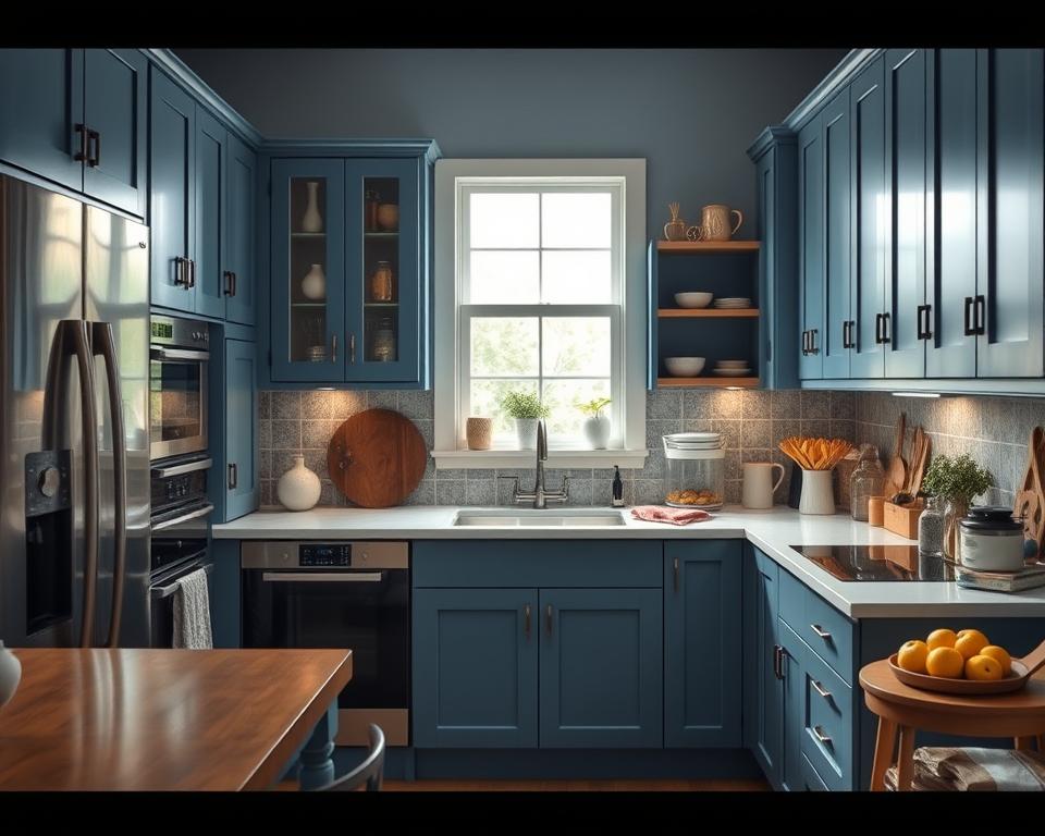 A bright kitchen with blue tones, open shelves, and a sunny window view