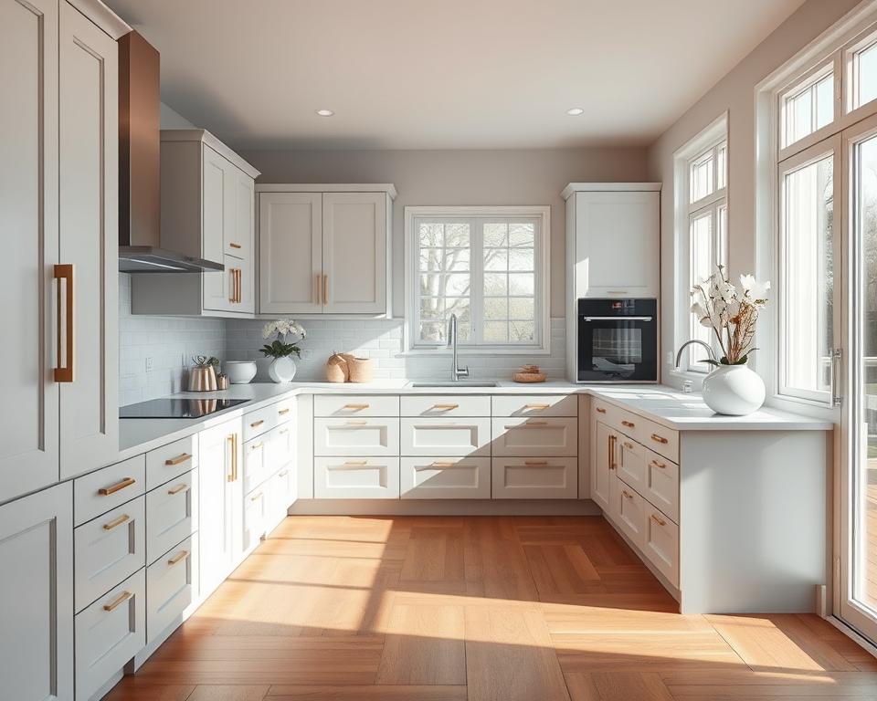 A spacious and well-lit room with clean white cabinetry and wood floors