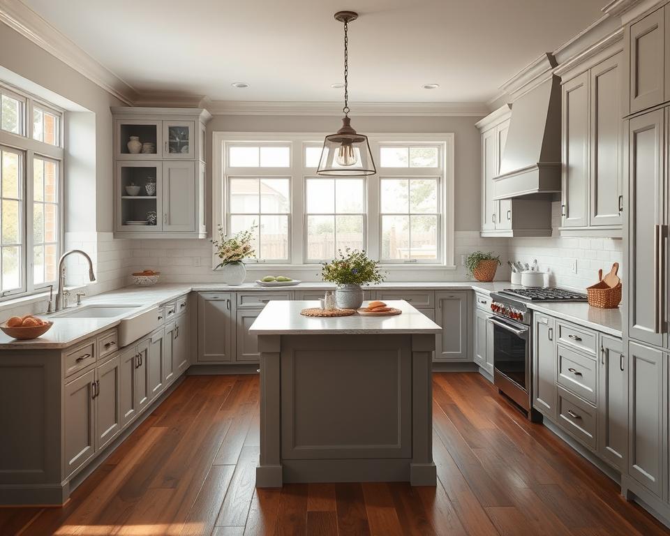 A neutral-toned kitchen with a central table and large windows for natural light.