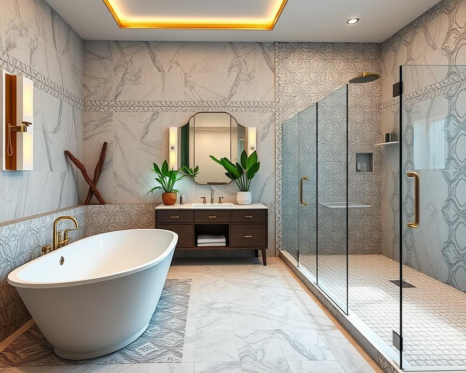 Modern bathroom design featuring a freestanding tub, glass shower enclosure, and elegant gold fixtures. Perfect inspiration for a luxury bath remodel.