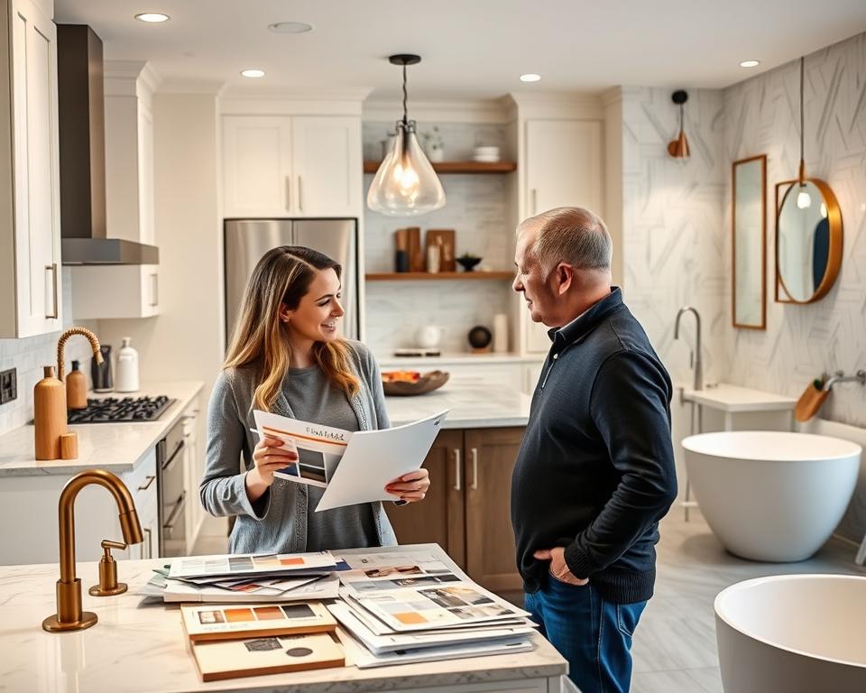 Kitchen and bathroom remodel planning with a designer discussing materials, layouts, and finishes. Ideal for modern home renovation projects.