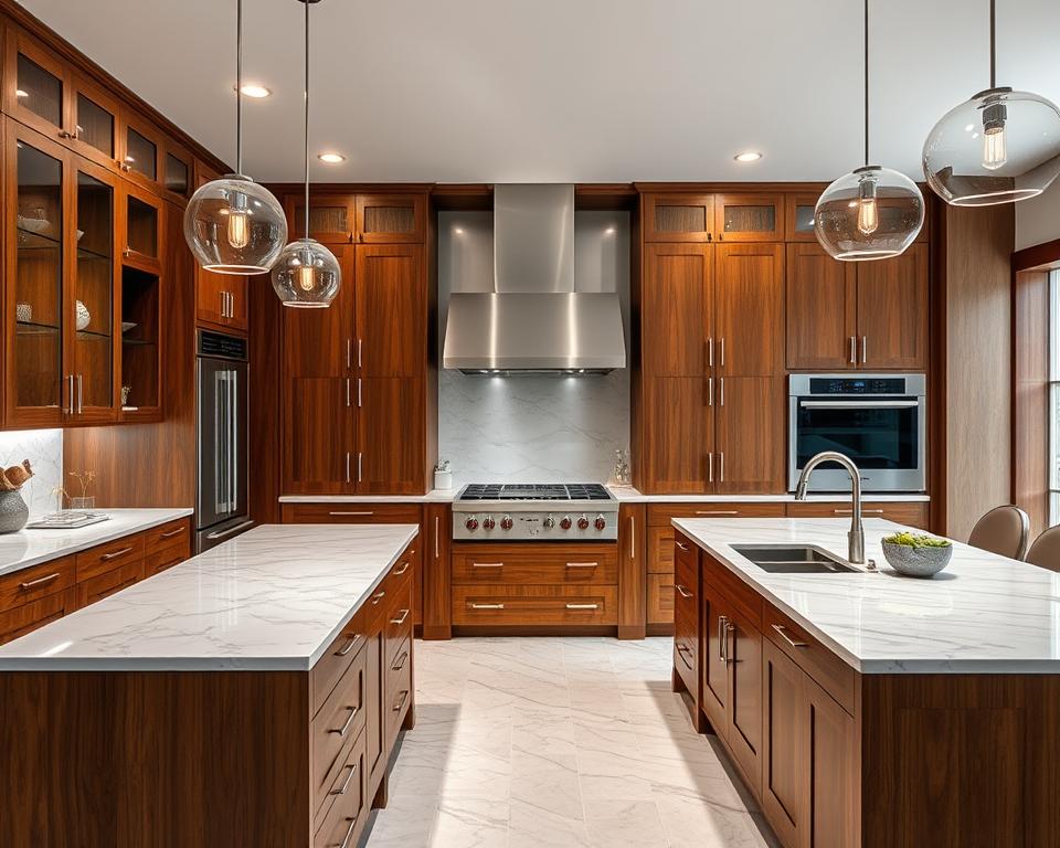 Luxury kitchen design with rich wood cabinets, marble countertops, and contemporary lighting. A stunning example of a high-end kitchen upgrade.