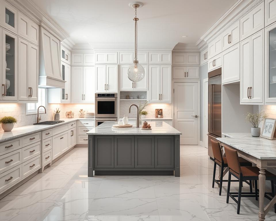 Bright and modern white kitchen with a spacious island, elegant cabinetry, and polished marble floors. Ideal for kitchen redesign inspiration.