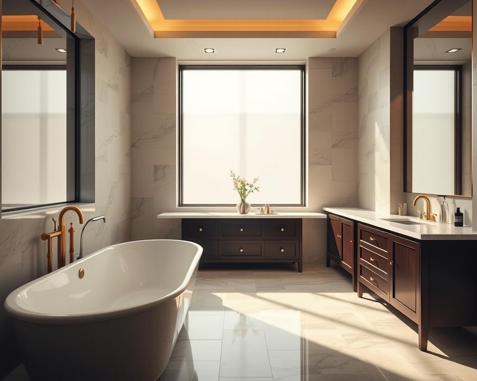 Beautiful bathroom remodel featuring a freestanding bathtub, double vanity, and warm natural lighting. A perfect blend of style and function