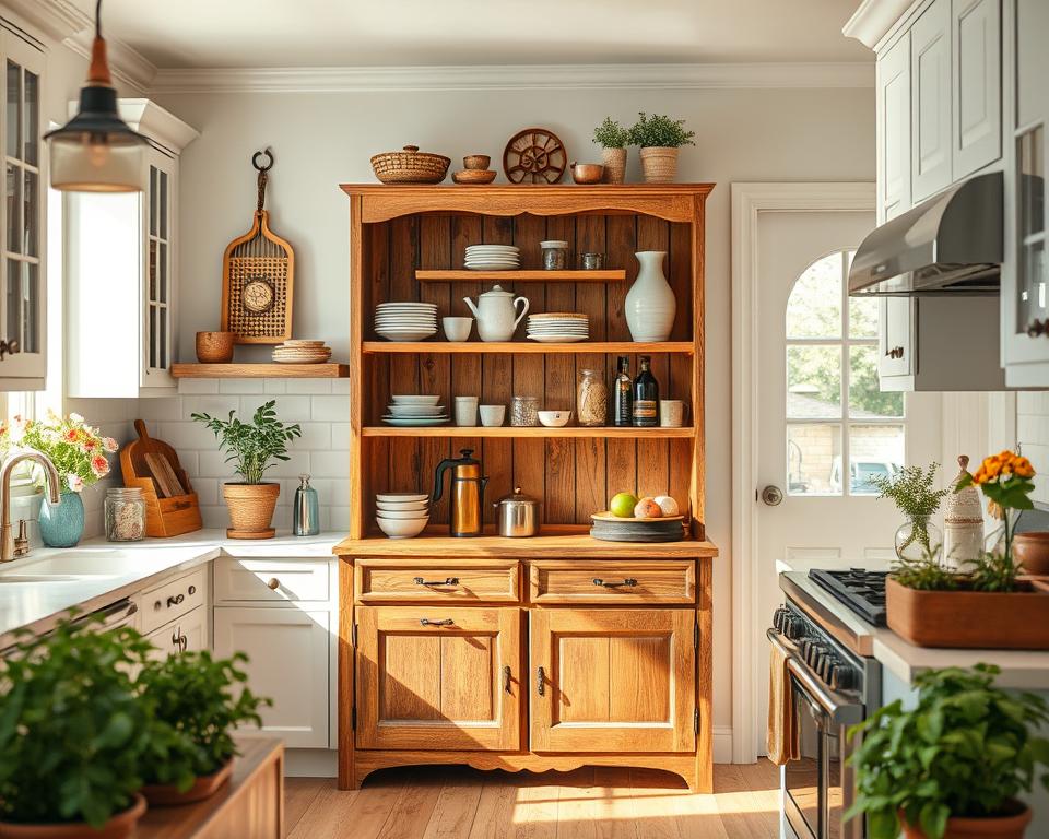 Rustic wooden hutch with shelves showcasing dishes and decorative pieces in a bright, cozy kitchen setting