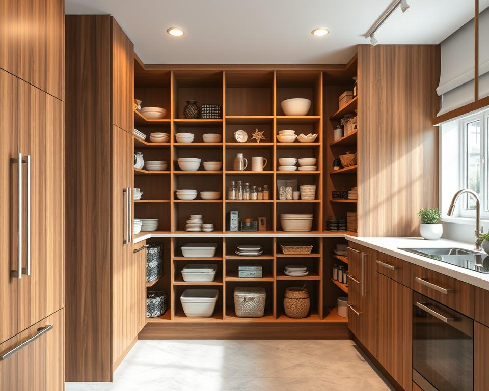 Modern kitchen with floor-to-ceiling wooden shelves displaying neatly organized dishes, bowls, and decorative items in natural light