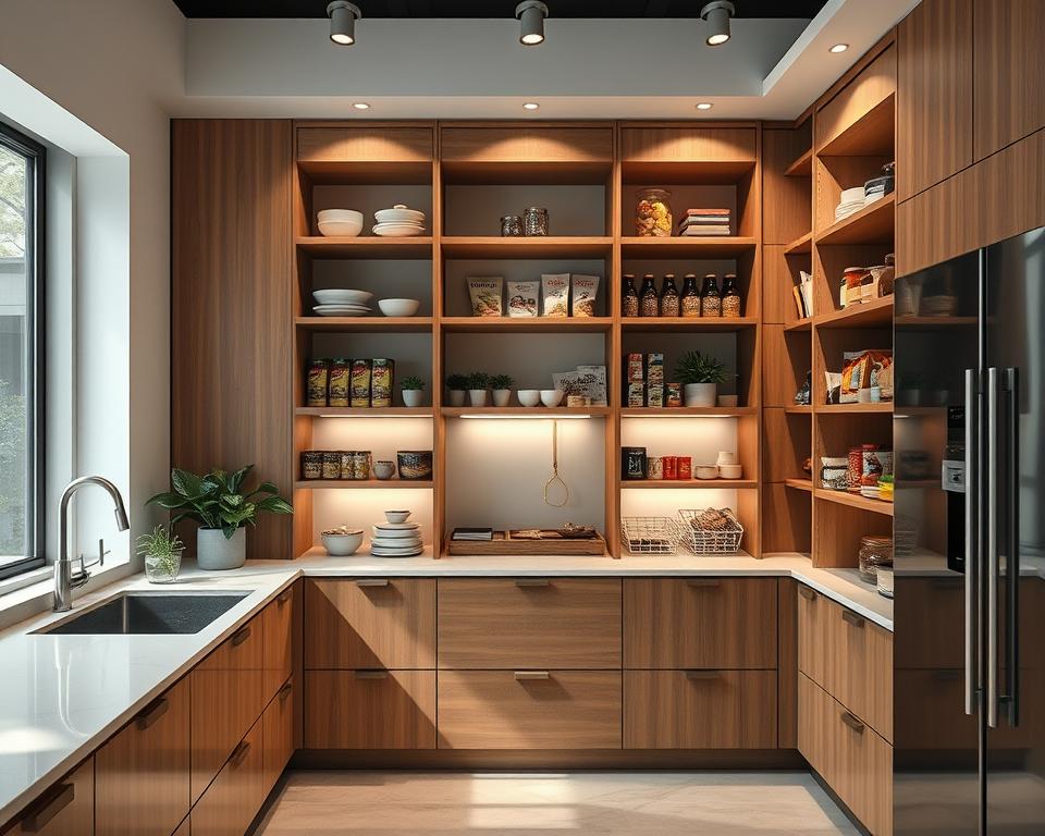 Spacious wooden shelving system with well-organized pantry items, plants, and decor in a contemporary kitchen.