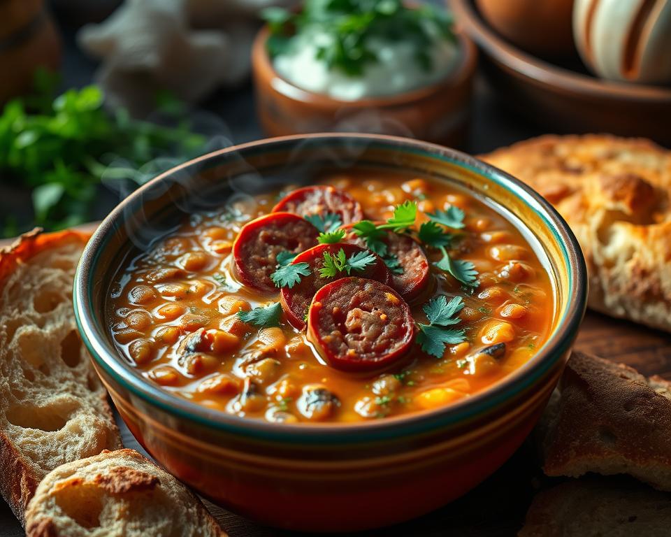 A vibrant bowl of Mexican lentil soup with chorizo, garnished with fresh cilantro, surrounded by slices of bread and traditional Mexican table décor.